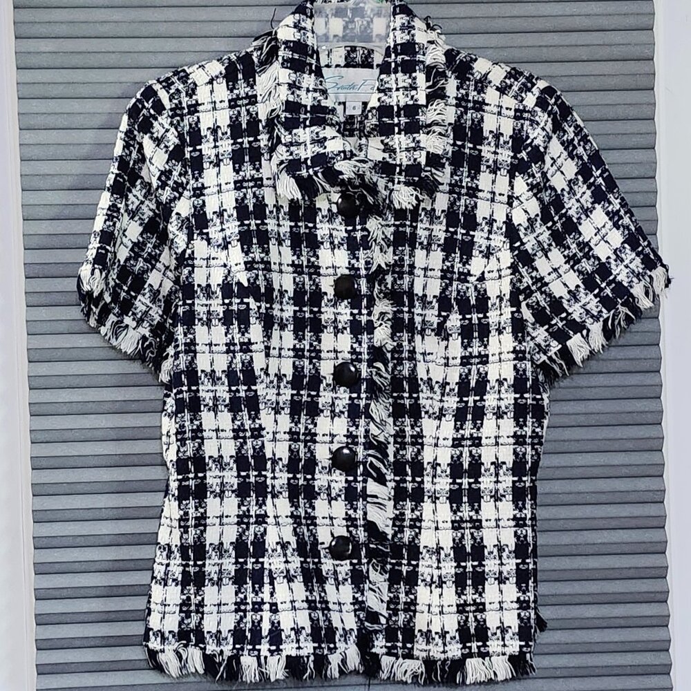 Sante Fe womans navy/white button down short sleeve fringed cardigan size 6